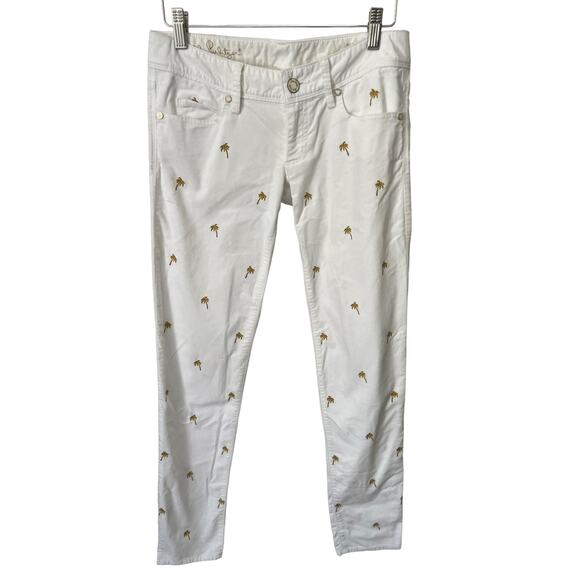 Lilly Pulitzer White Gold Palm Tree Embroidery Low Rise Worth Skinny Pant Size 0 - Picture 1 of 9